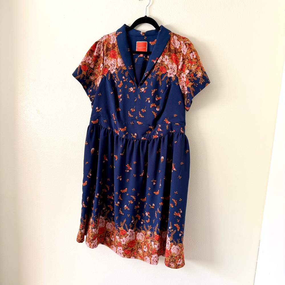 Modcloth Navy Dress with Orange and Yellow Floral Pattern